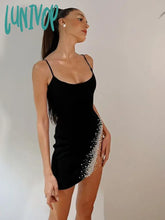 Lunivop Women Summer Sexy Sleeveless Backless Black Mesh Beading Mini Bodycon Bandage Dress Elegant